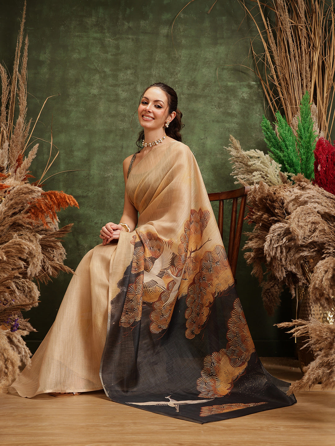 Hiral Fashion Beige Bollywood Cotton Tissue Floral Digital Printed Saree