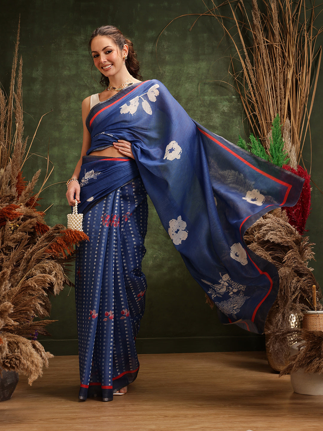 Hiral Fashion Navy Blue Bollywood Cotton Tissue Floral Digital Printed Saree