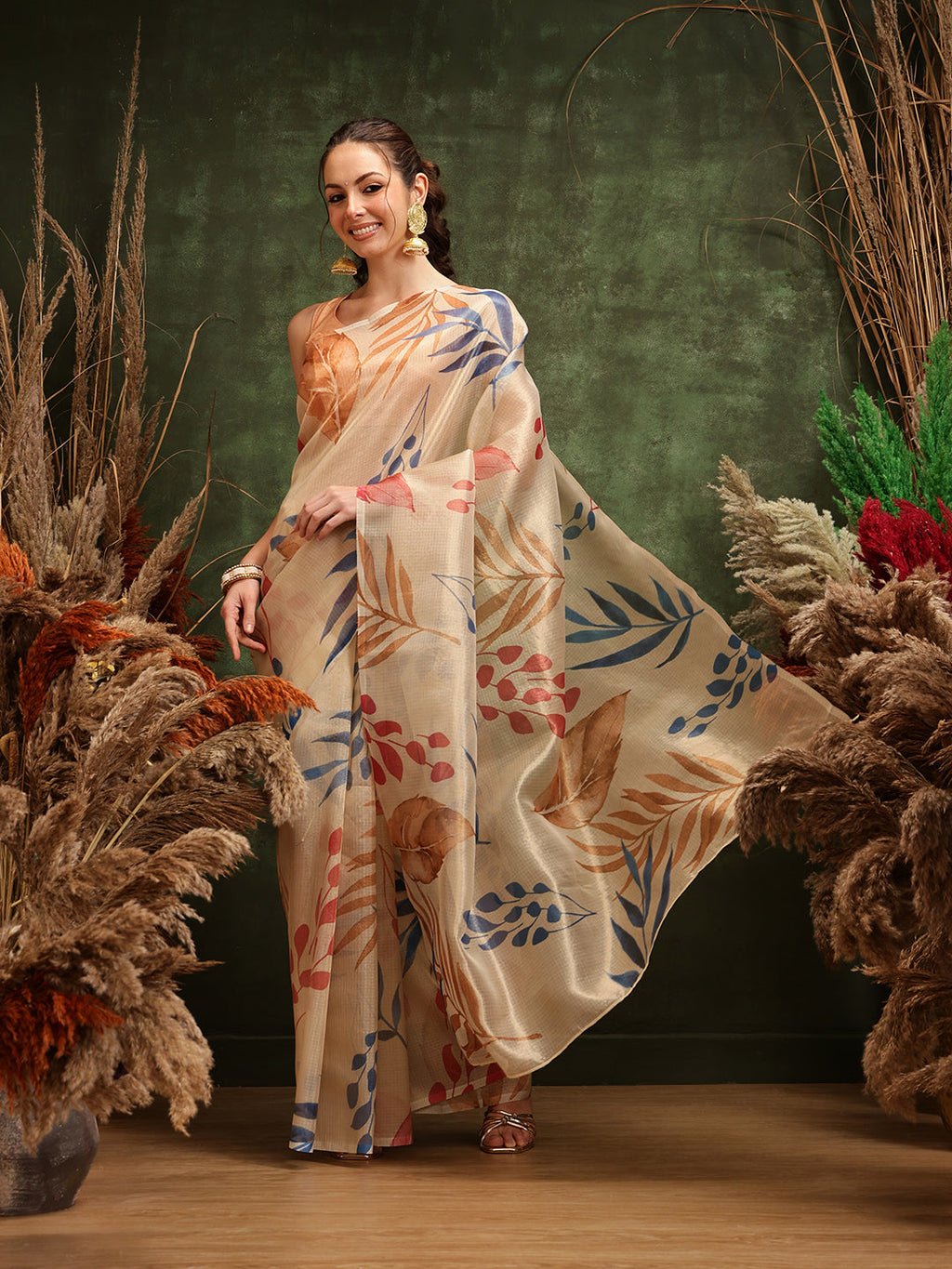 Hiral Fashion Off White Bollywood Cotton Tissue Floral Digital Printed Saree
