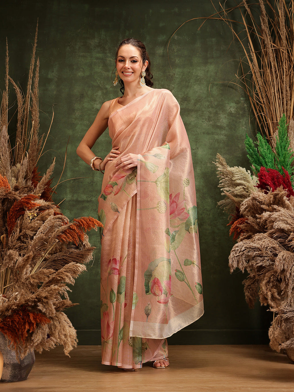 Hiral Fashion Peach Bollywood Cotton Tissue Floral Digital Printed Saree