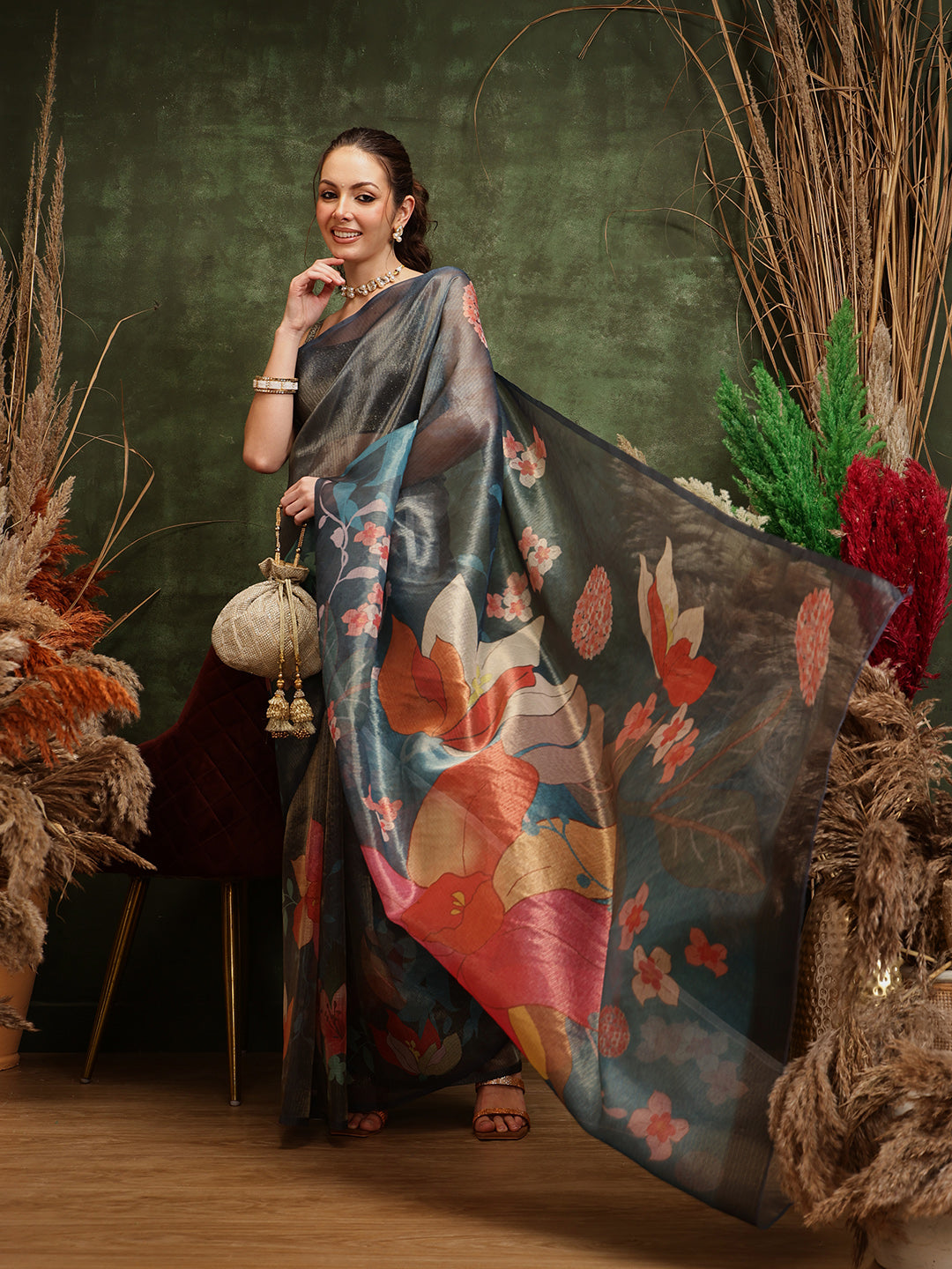 Hiral Fashion Teal Bollywood Cotton Tissue Floral Digital Printed Saree