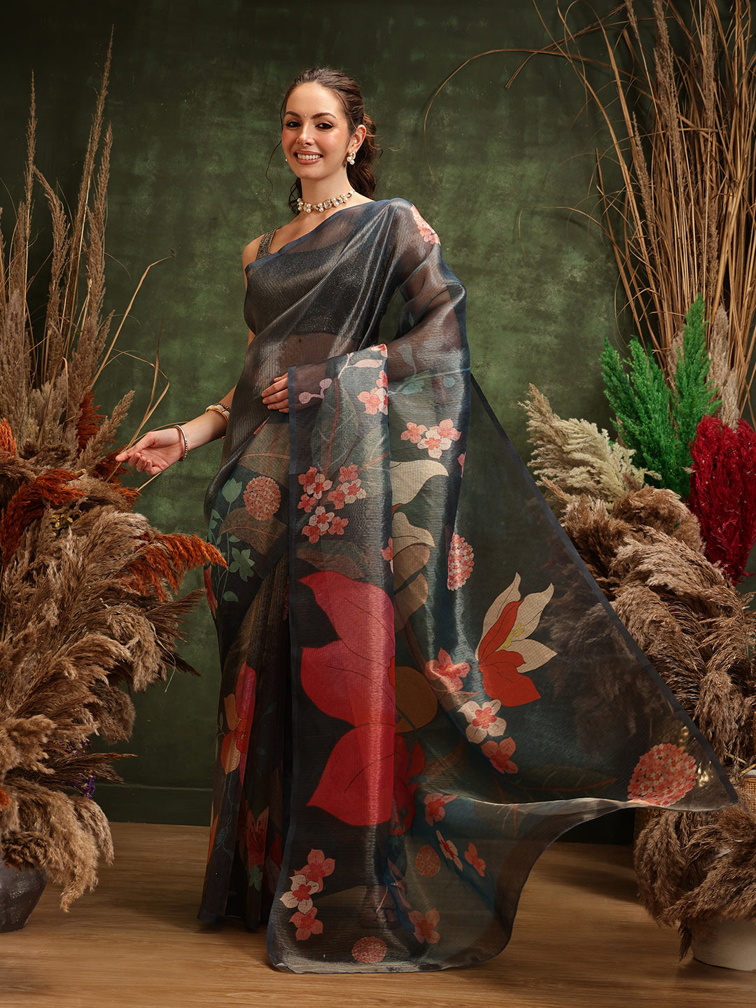 Hiral Fashion Teal Bollywood Cotton Tissue Floral Digital Printed Saree