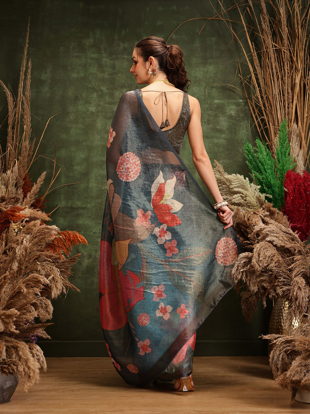 Hiral Fashion Teal Bollywood Cotton Tissue Floral Digital Printed Saree