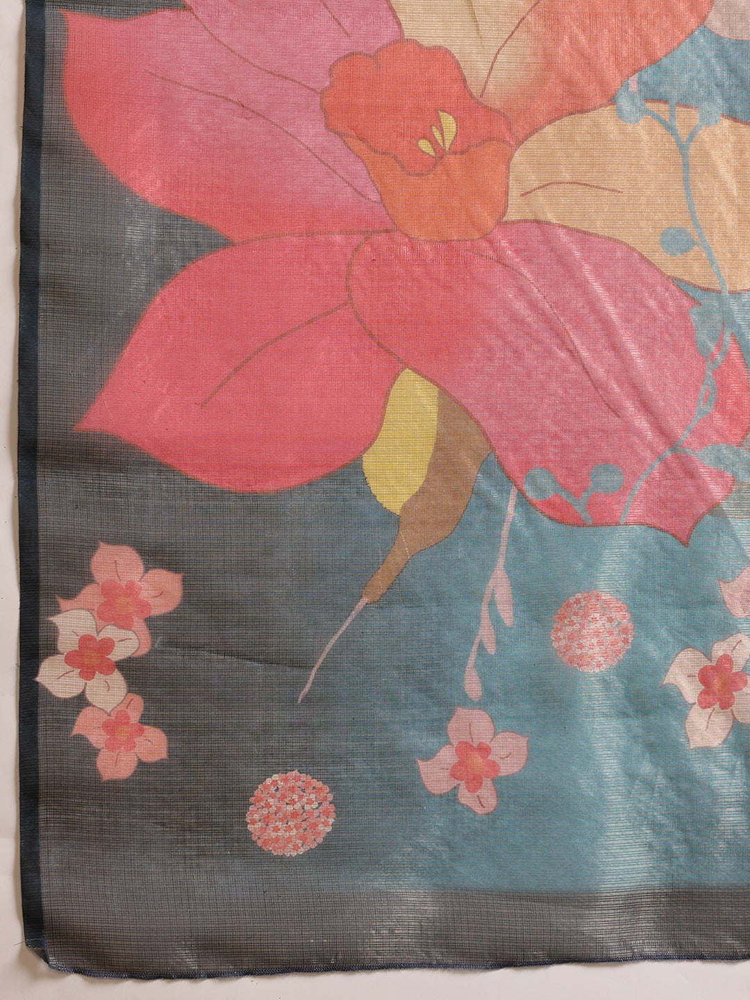 Hiral Fashion Teal Bollywood Cotton Tissue Floral Digital Printed Saree