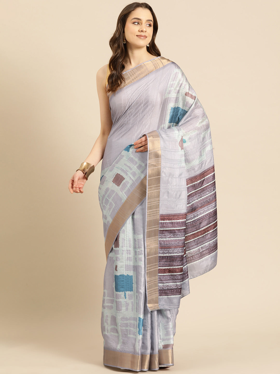 Lavender Silk Blend Printed Geomatric Saree with Unstitched Blouse - Hiral Fashion