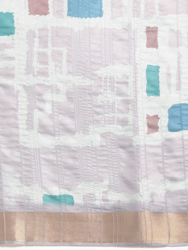 Lavender Silk Blend Printed Geomatric Saree with Unstitched Blouse - Hiral Fashion