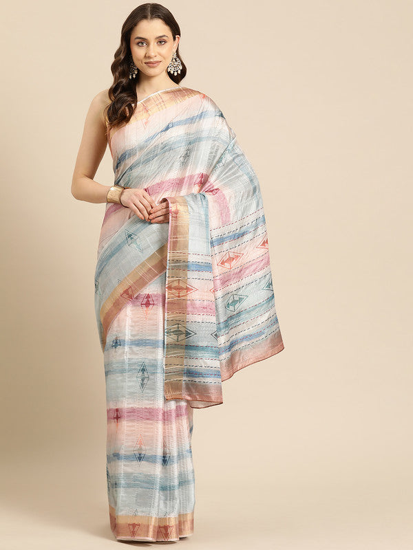 Multicolor Silk Blend Printed Geomatric Saree with Unstitched Blouse - Hiral Fashion