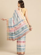 Multicolor Silk Blend Printed Geomatric Saree with Unstitched Blouse - Hiral Fashion