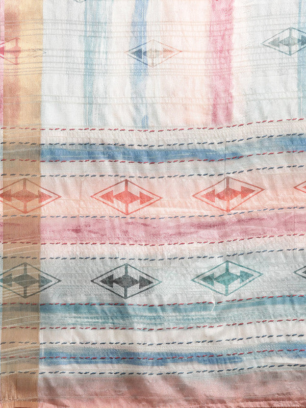 Multicolor Silk Blend Printed Geomatric Saree with Unstitched Blouse - Hiral Fashion