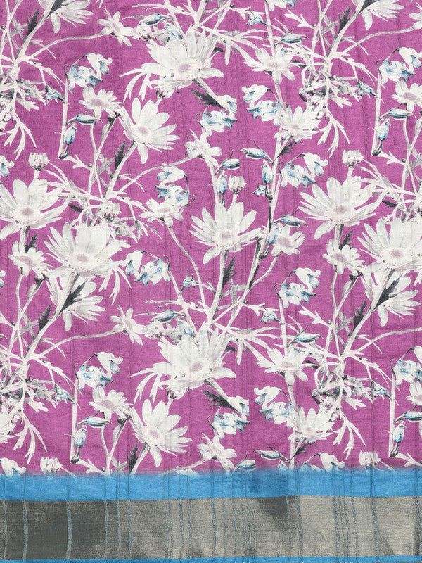 Purple Silk Blend Digital Print Floral Saree with Unstitched Blouse - Hiral Fashion