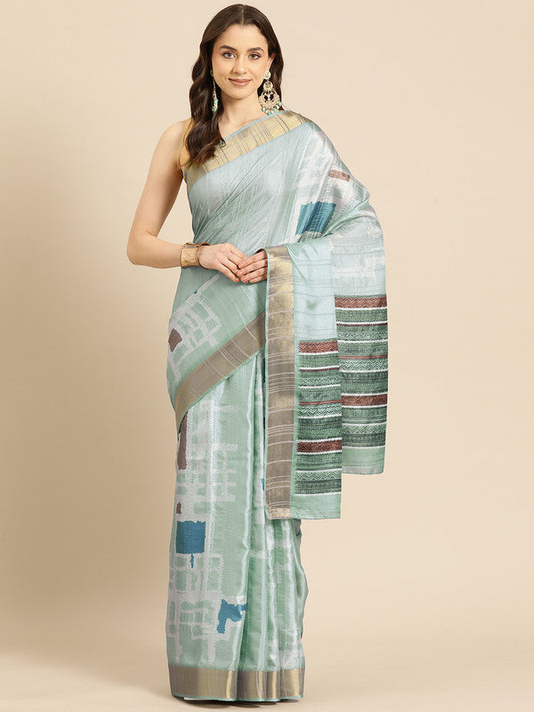 Turquoise Silk Blend Printed Geomatric Saree with Unstitched Blouse - Hiral Fashion