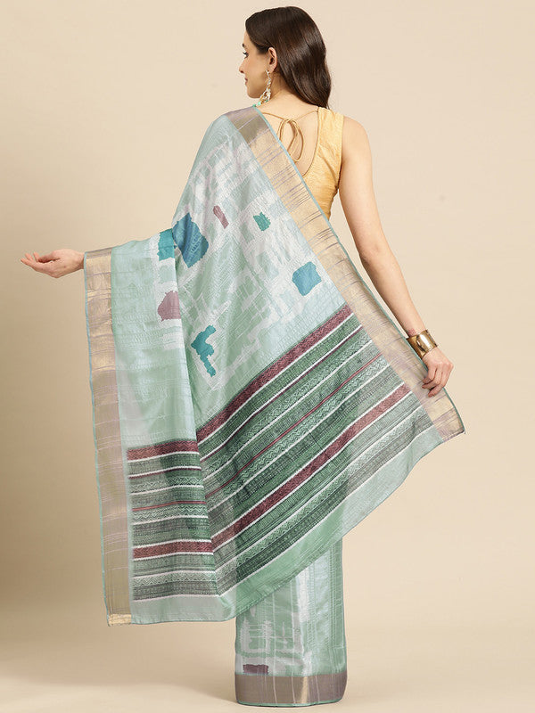 Turquoise Silk Blend Printed Geomatric Saree with Unstitched Blouse - Hiral Fashion