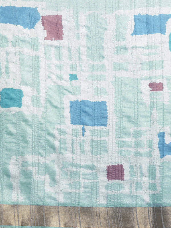 Turquoise Silk Blend Printed Geomatric Saree with Unstitched Blouse - Hiral Fashion