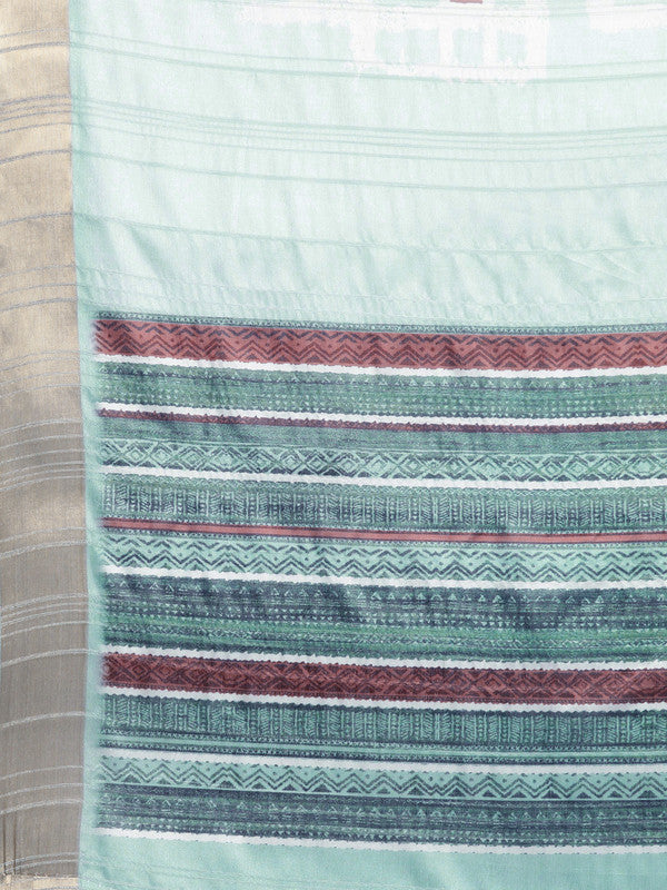 Turquoise Silk Blend Printed Geomatric Saree with Unstitched Blouse - Hiral Fashion