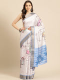 White Silk Blend Printed Geomatric Saree with Unstitched Blouse - Hiral Fashion