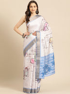 White Silk Blend Printed Geomatric Saree with Unstitched Blouse - Hiral Fashion