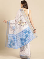 White Silk Blend Printed Geomatric Saree with Unstitched Blouse - Hiral Fashion
