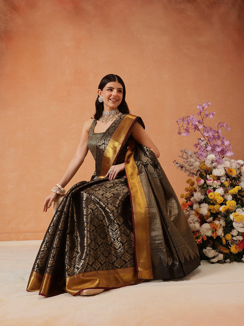 Hiral Fashion Black Kanjeevaram Banarasi Silk Ikkat Woven Design Saree