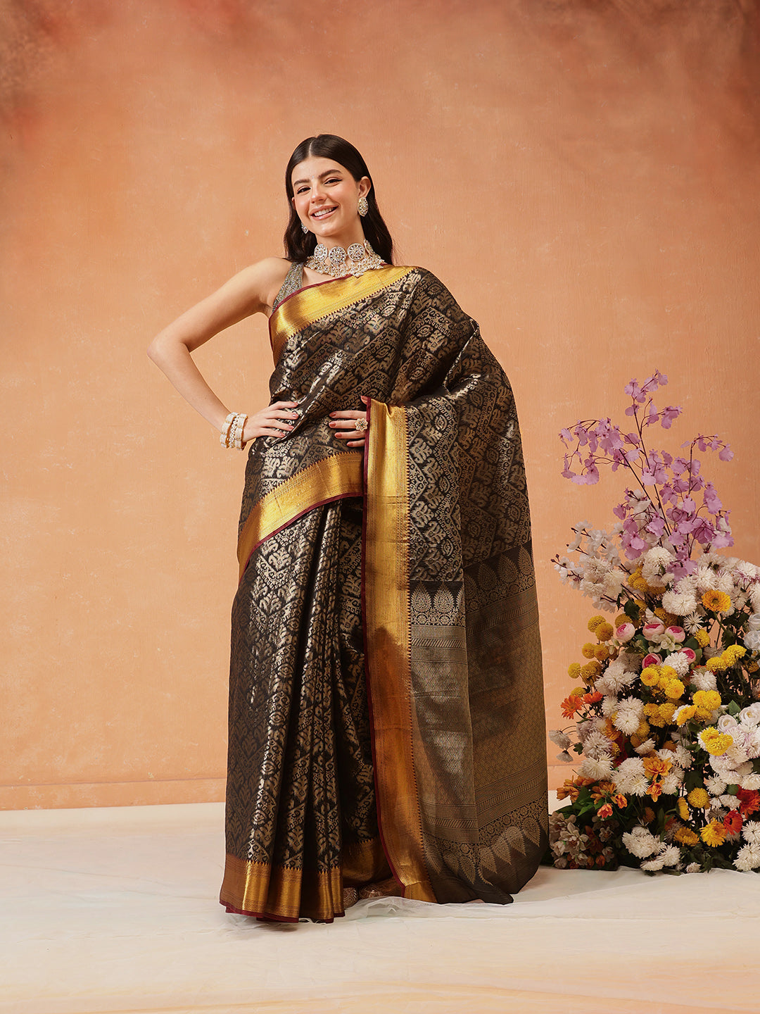 Hiral Fashion Black Kanjeevaram Banarasi Silk Ikkat Woven Design Saree
