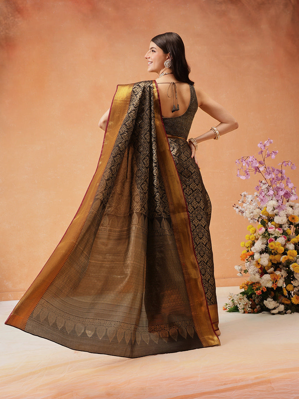 Hiral Fashion Black Kanjeevaram Banarasi Silk Ikkat Woven Design Saree