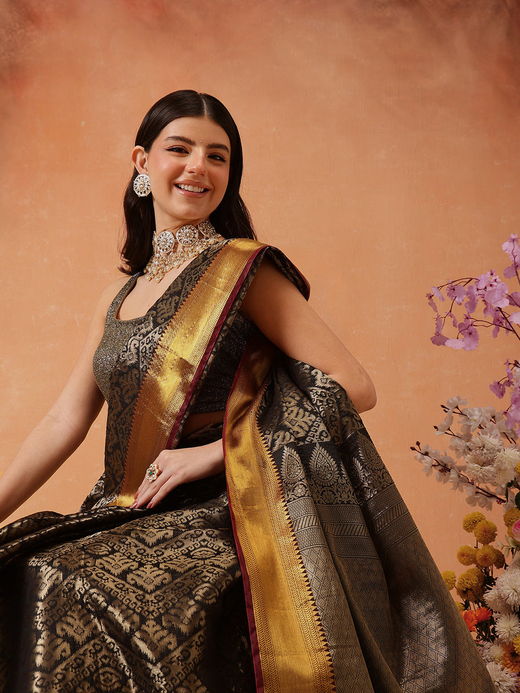 Hiral Fashion Black Kanjeevaram Banarasi Silk Ikkat Woven Design Saree