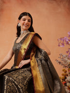 Hiral Fashion Black Kanjeevaram Banarasi Silk Ikkat Woven Design Saree