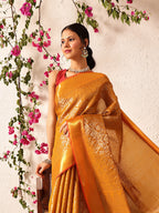 Hiral Fashion Mustard Kanjeevaram Banarasi Silk Ikkat Woven Design Saree