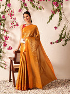 Hiral Fashion Mustard Kanjeevaram Banarasi Silk Ikkat Woven Design Saree