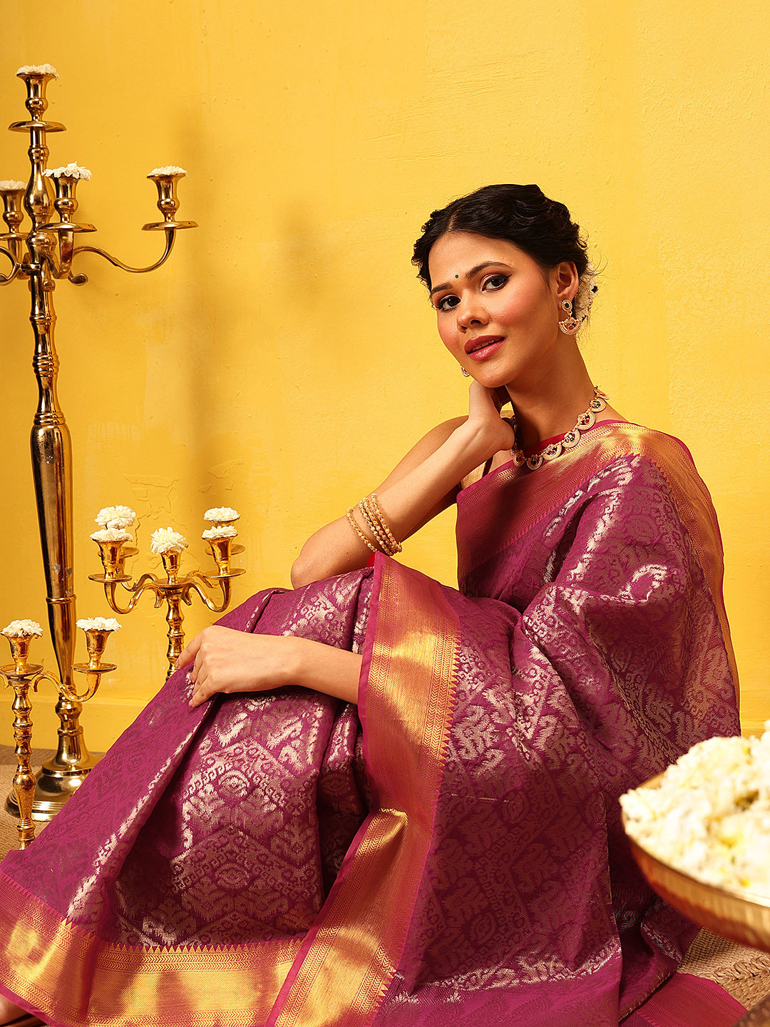 Hiral Fashion Pink Kanjeevaram Banarasi Silk Ikkat Woven Design Saree