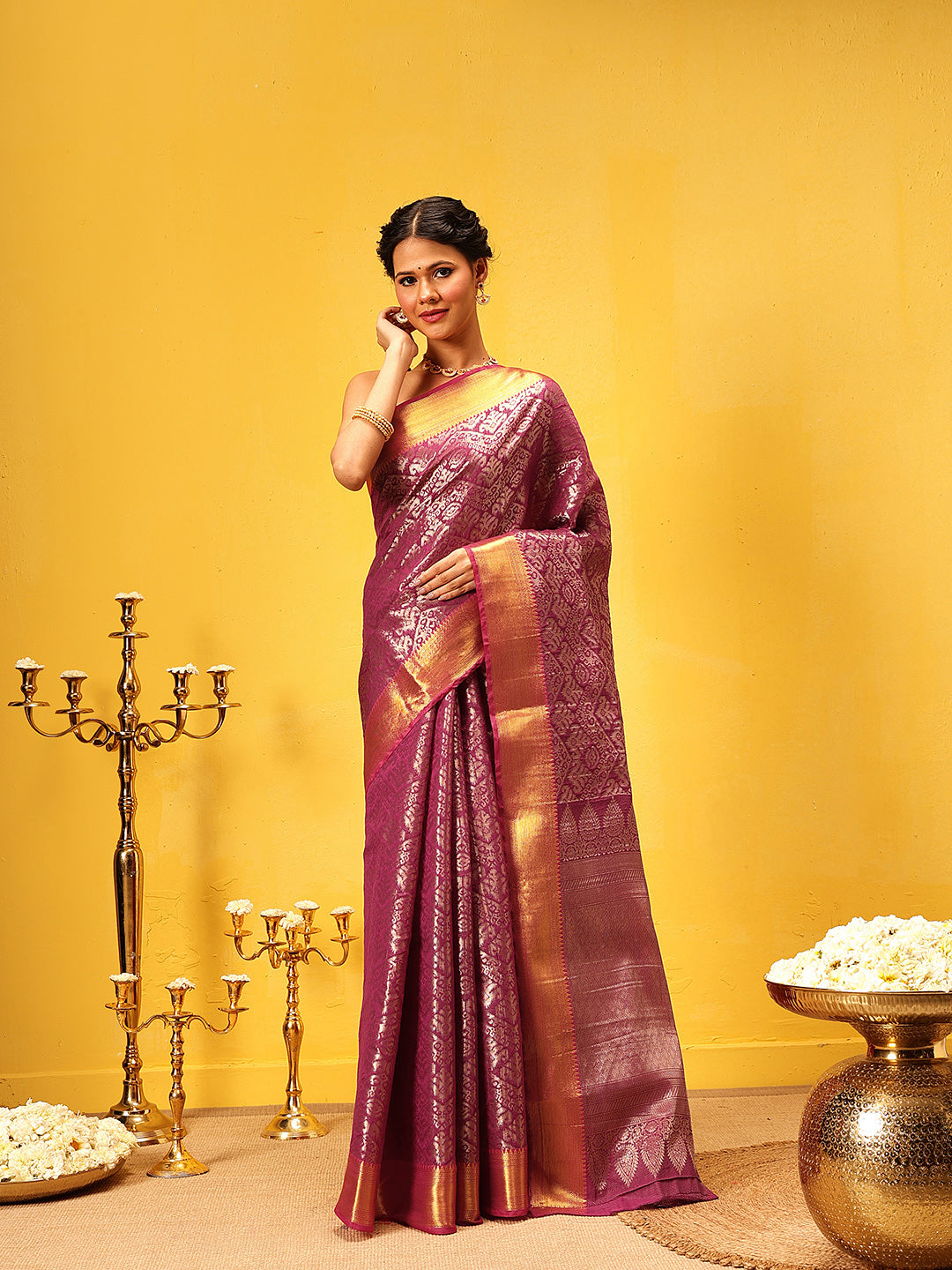 Hiral Fashion Pink Kanjeevaram Banarasi Silk Ikkat Woven Design Saree
