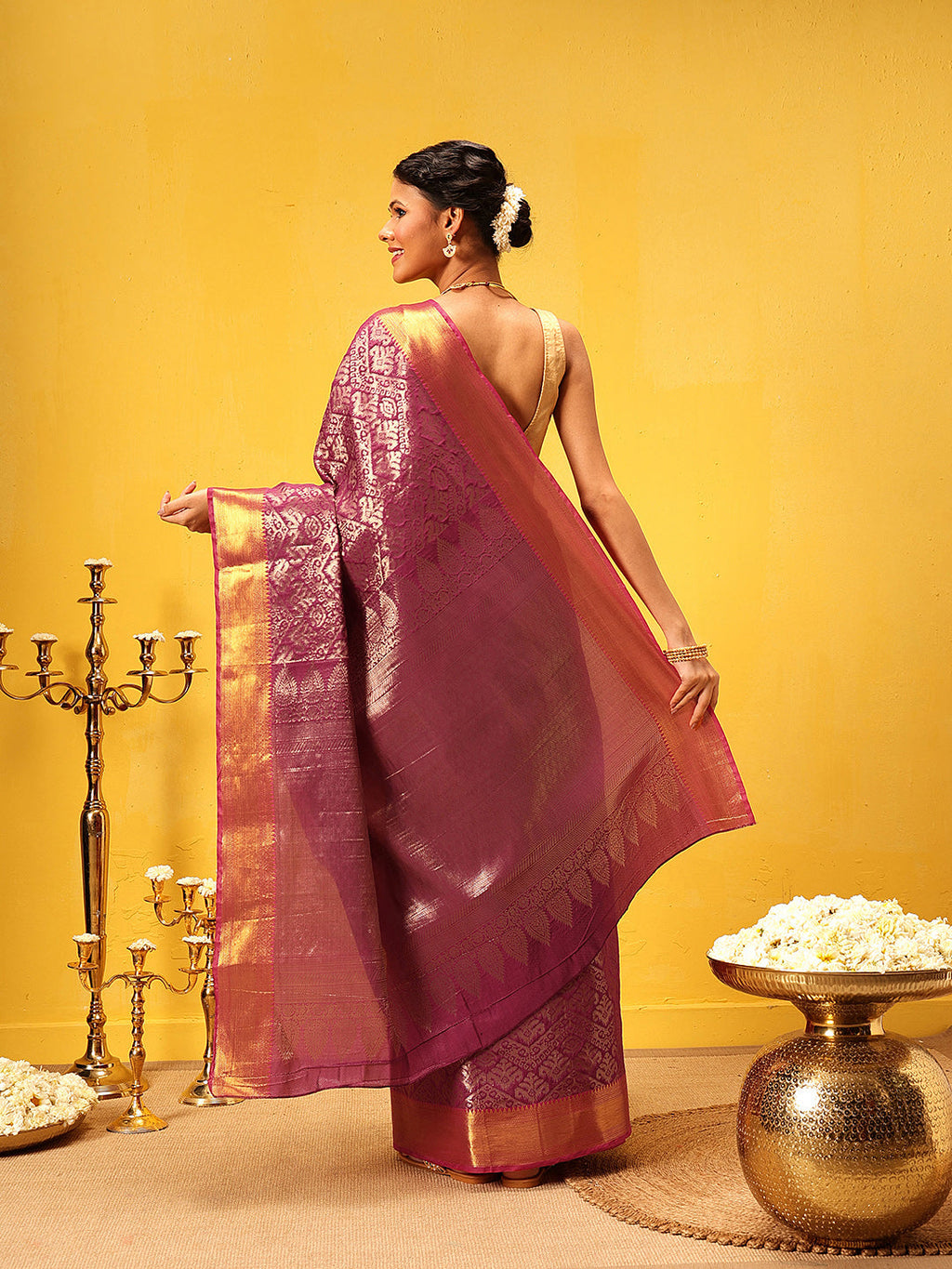 Hiral Fashion Pink Kanjeevaram Banarasi Silk Ikkat Woven Design Saree