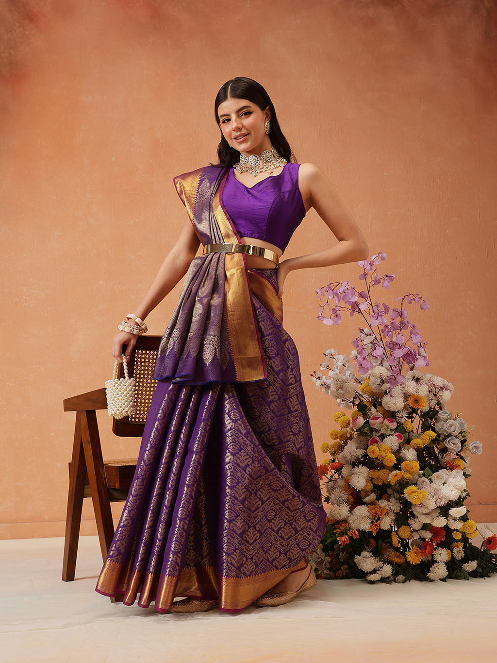 Hiral Fashion Purple Kanjeevaram Banarasi Silk Ikkat Woven Design Saree