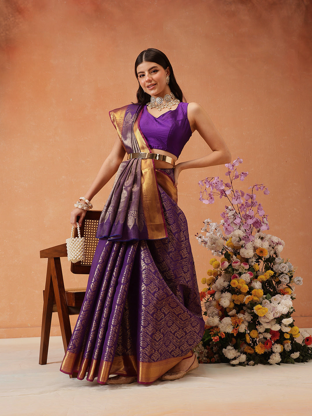 Hiral Fashion Purple Kanjeevaram Banarasi Silk Ikkat Woven Design Saree