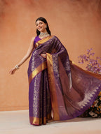 Hiral Fashion Purple Kanjeevaram Banarasi Silk Ikkat Woven Design Saree