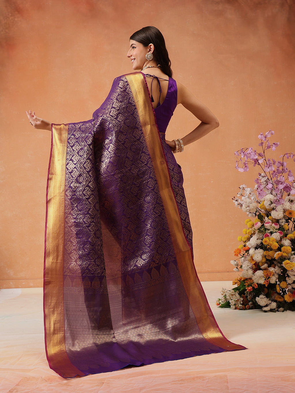 Hiral Fashion Purple Kanjeevaram Banarasi Silk Ikkat Woven Design Saree