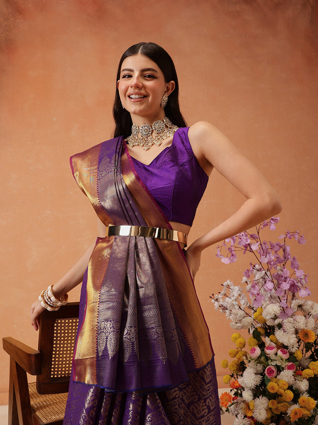 Hiral Fashion Purple Kanjeevaram Banarasi Silk Ikkat Woven Design Saree