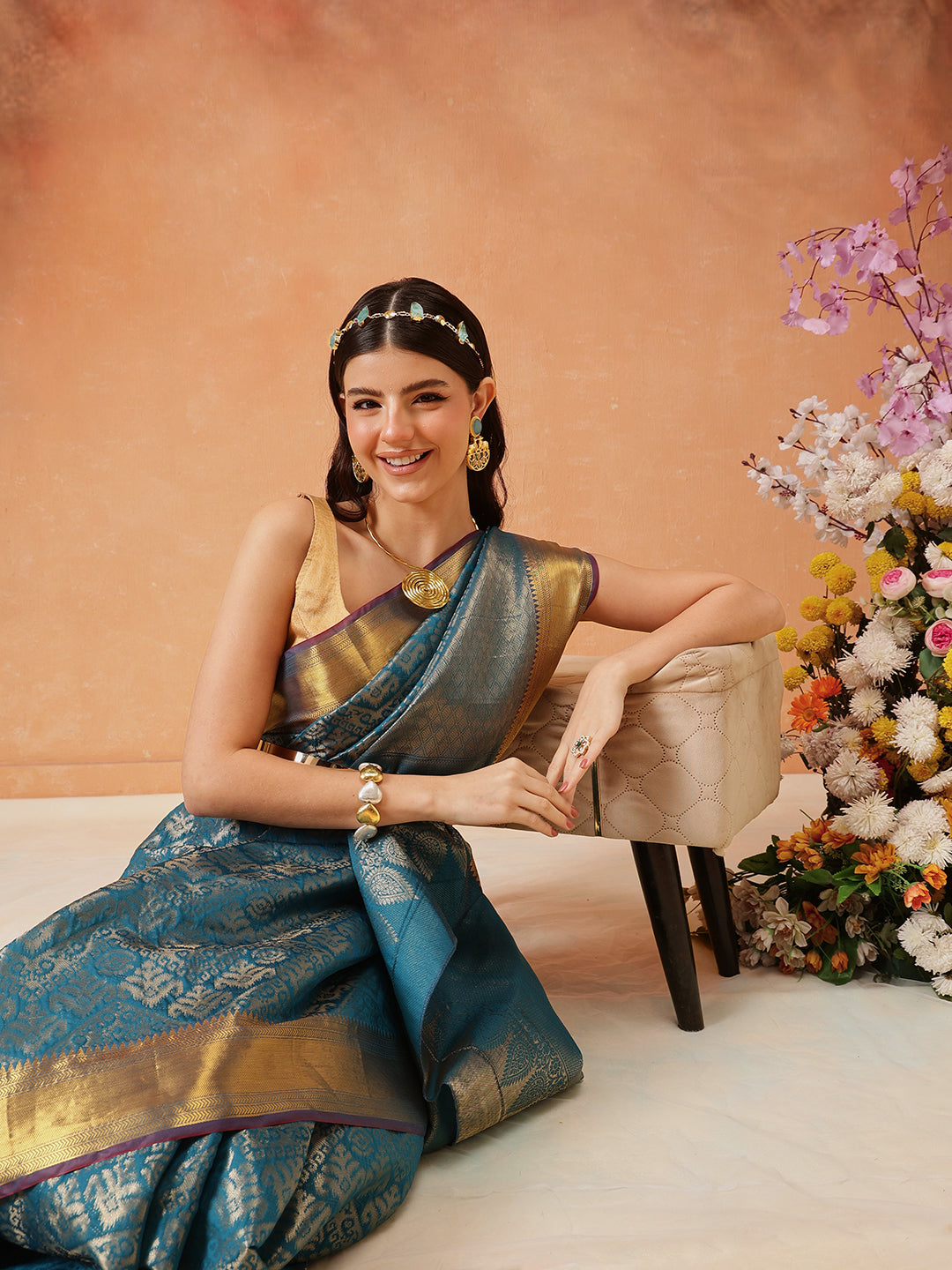Hiral Fashion Teal Kanjeevaram Banarasi Silk Ikkat Woven Design Saree