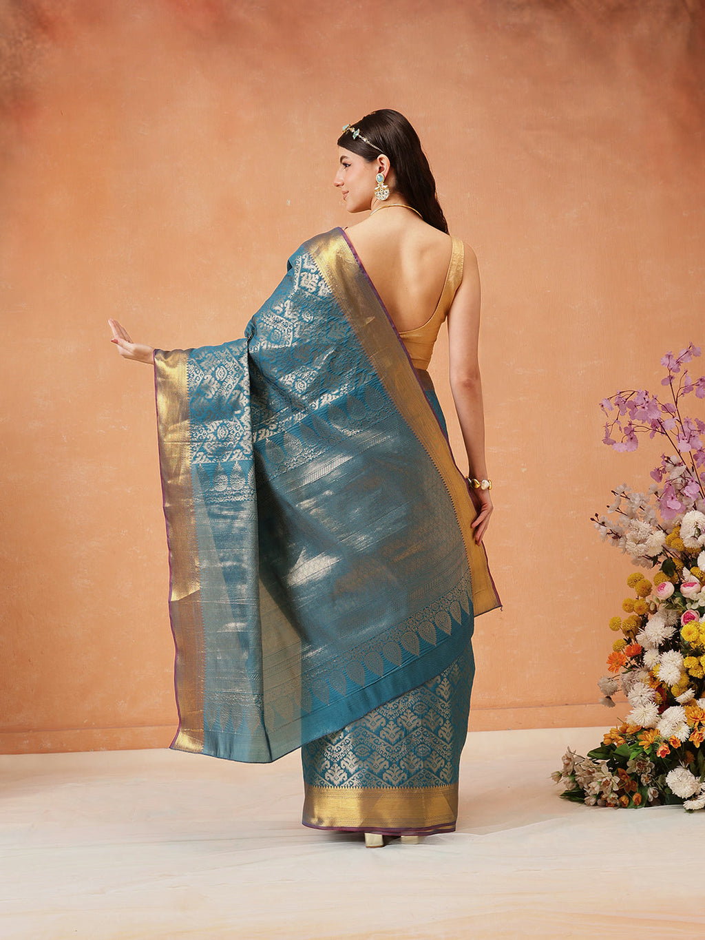 Hiral Fashion Teal Kanjeevaram Banarasi Silk Ikkat Woven Design Saree