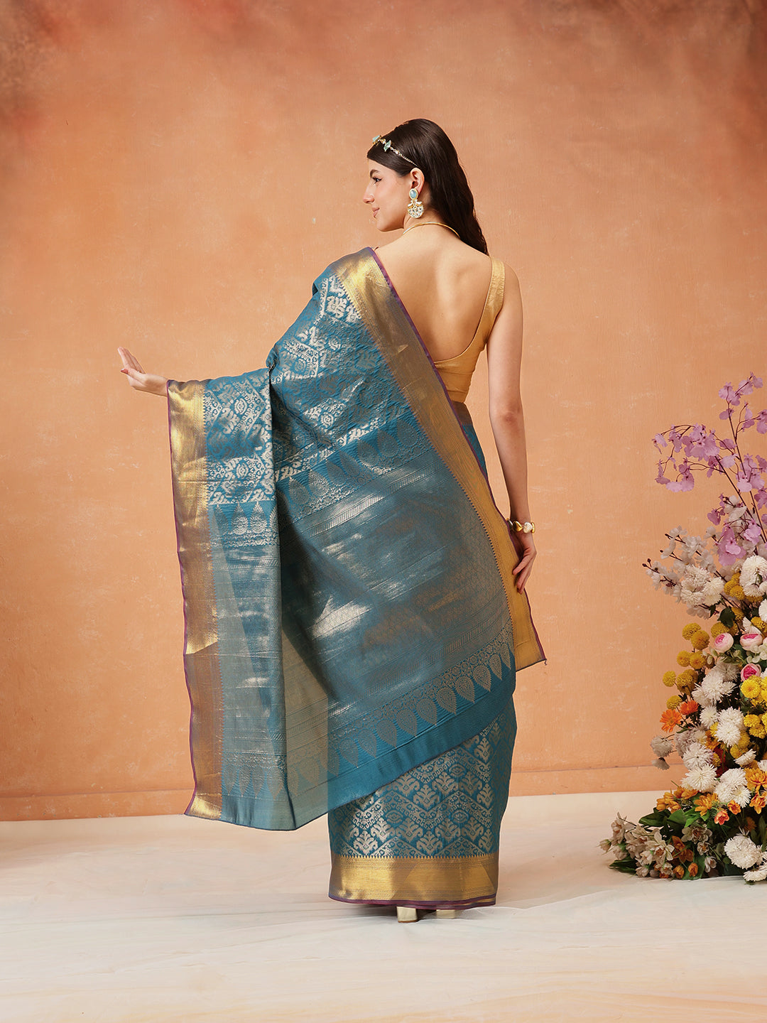 Hiral Fashion Teal Kanjeevaram Banarasi Silk Ikkat Woven Design Saree
