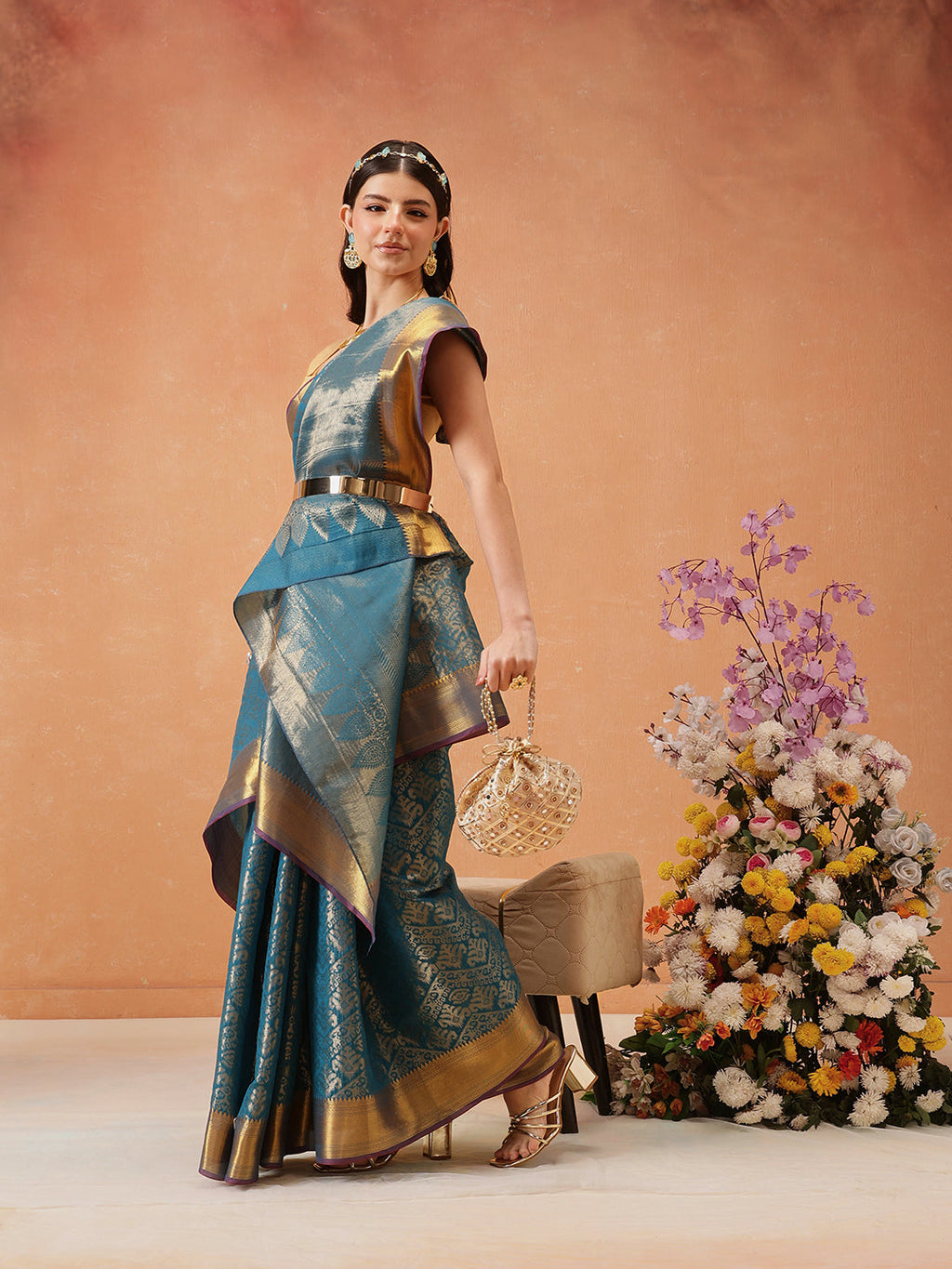 Hiral Fashion Teal Kanjeevaram Banarasi Silk Ikkat Woven Design Saree
