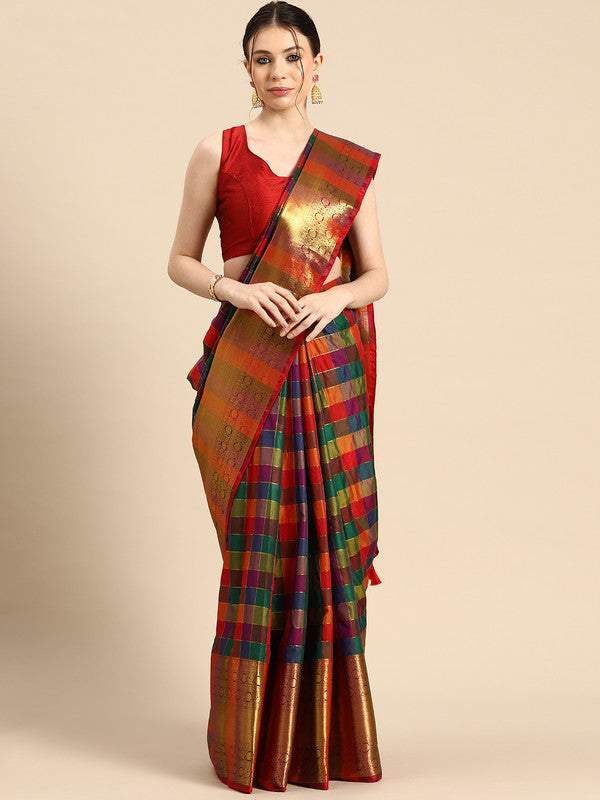 Multicolor Kanjeevaram Silk ColorBlock Checked Saree with Unstitched Blouse - Hiral Fashion