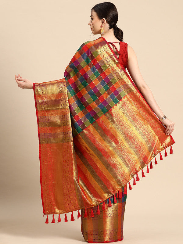 Multicolor Kanjeevaram Silk ColorBlock Checked Saree with Unstitched Blouse - Hiral Fashion