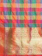 Multicolor Kanjeevaram Silk ColorBlock Checked Saree with Unstitched Blouse - Hiral Fashion