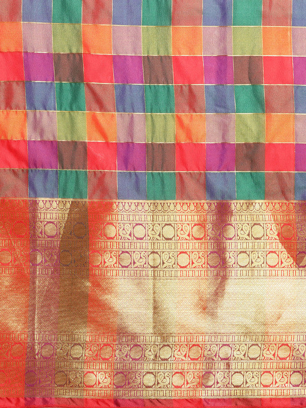 Multicolor Kanjeevaram Silk ColorBlock Checked Saree with Unstitched Blouse - Hiral Fashion