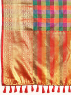 Multicolor Kanjeevaram Silk ColorBlock Checked Saree with Unstitched Blouse - Hiral Fashion