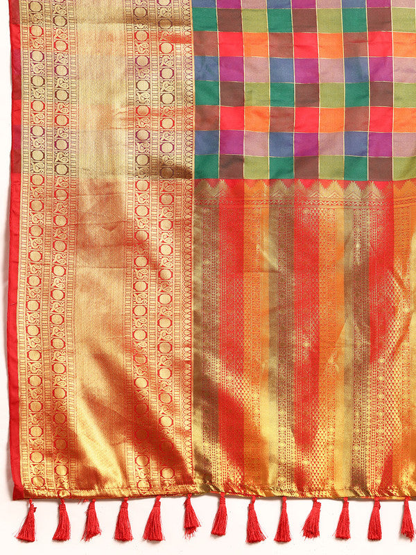 Multicolor Kanjeevaram Silk ColorBlock Checked Saree with Unstitched Blouse - Hiral Fashion