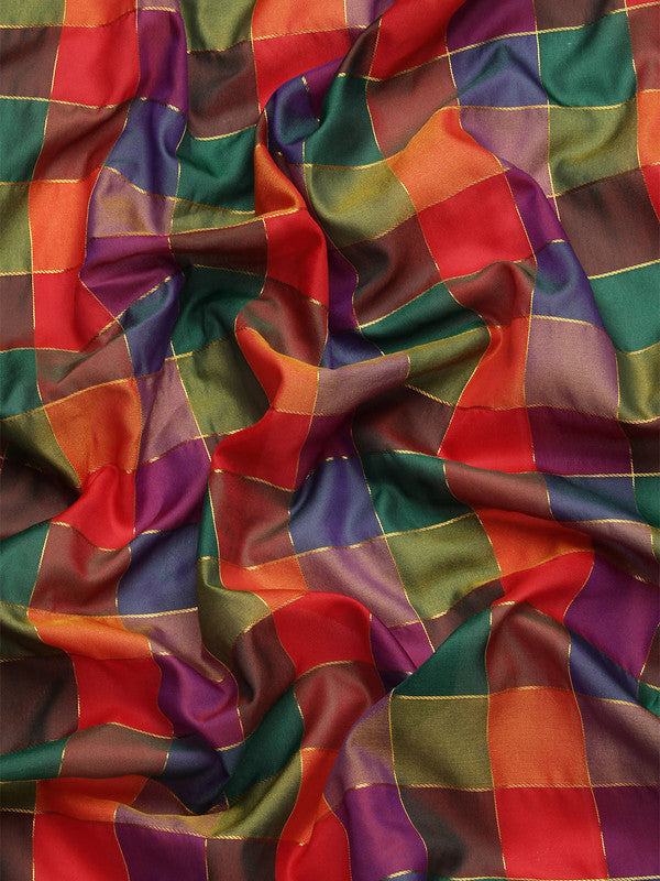 Multicolor Kanjeevaram Silk ColorBlock Checked Saree with Unstitched Blouse - Hiral Fashion