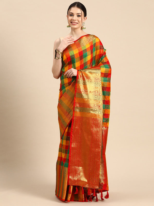 Multicolor Kanjeevaram Silk ColorBlock Checked Saree with Unstitched Blouse - Hiral Fashion