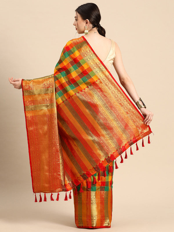 Multicolor Kanjeevaram Silk ColorBlock Checked Saree with Unstitched Blouse - Hiral Fashion