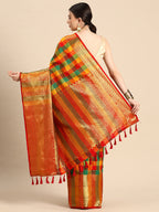 Multicolor Kanjeevaram Silk ColorBlock Checked Saree with Unstitched Blouse - Hiral Fashion